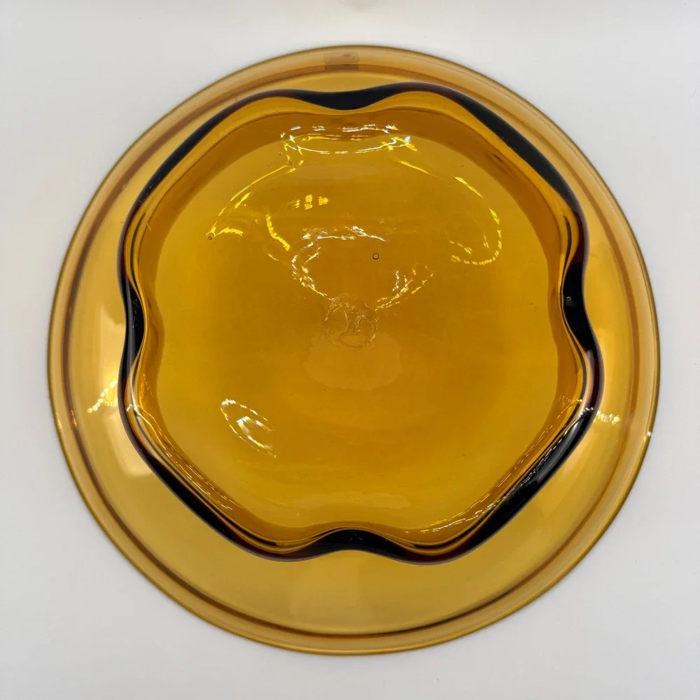 Blenko 8512 Amber Hand Blown Art Glass Pedestal Centerpiece Bowl